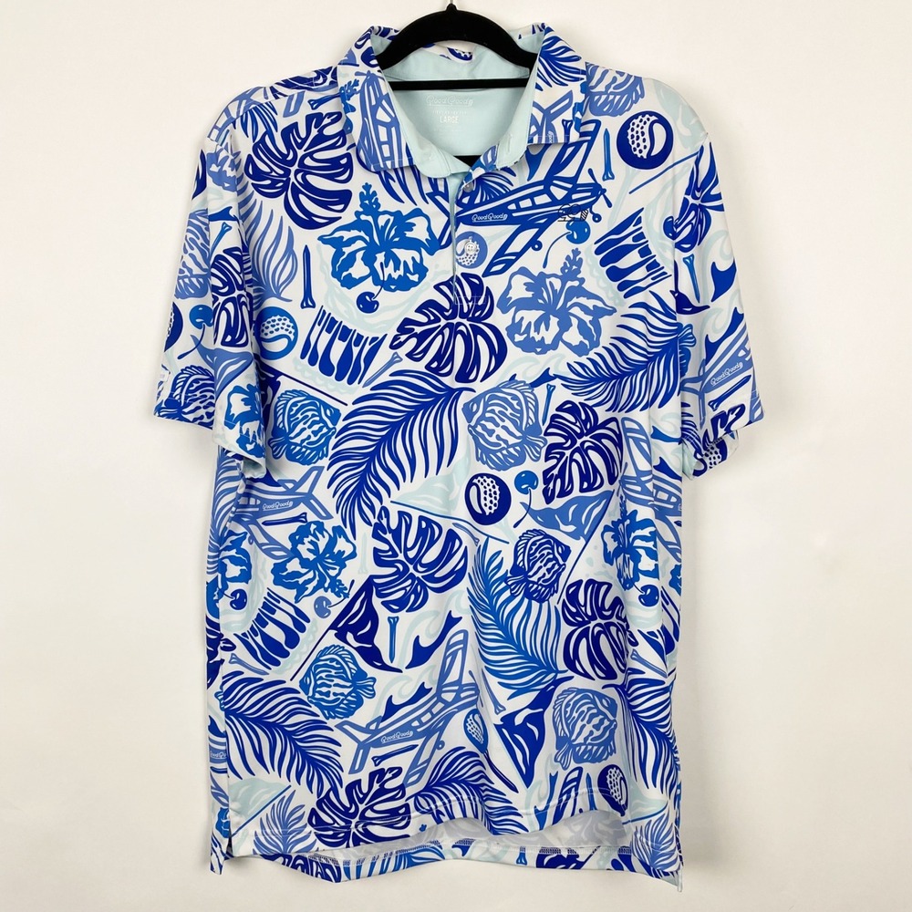 Good Good Fighting For Par Tropical Floral Golf Polo Shirt Mens Large Blue White